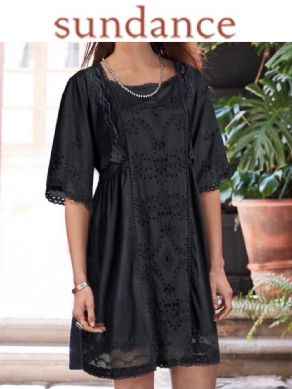 Sundance Bella Notte Embroidered Eyelet Boho Midi Dress Black Cottagecore Xs
